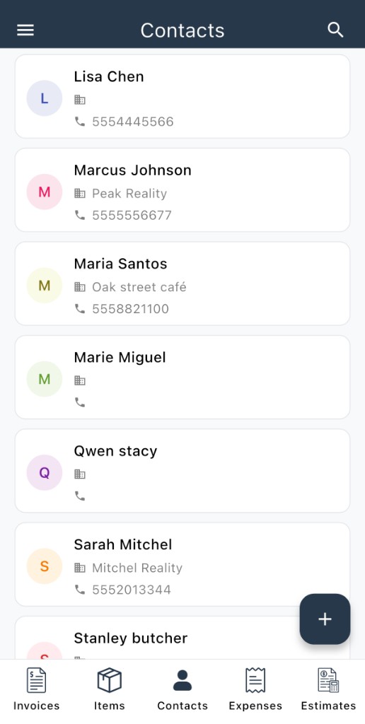 Contacts tab in Trueinvoice