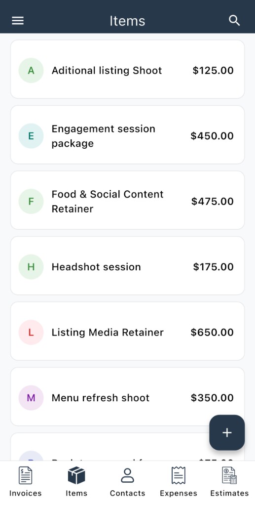 Items tab with catalog list and add button