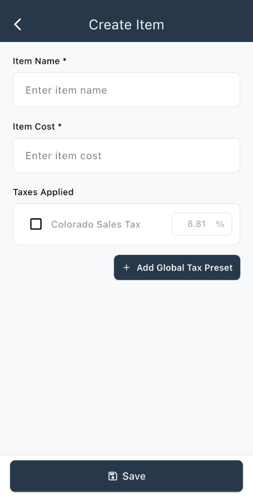 Create Item form with name, cost, and taxes