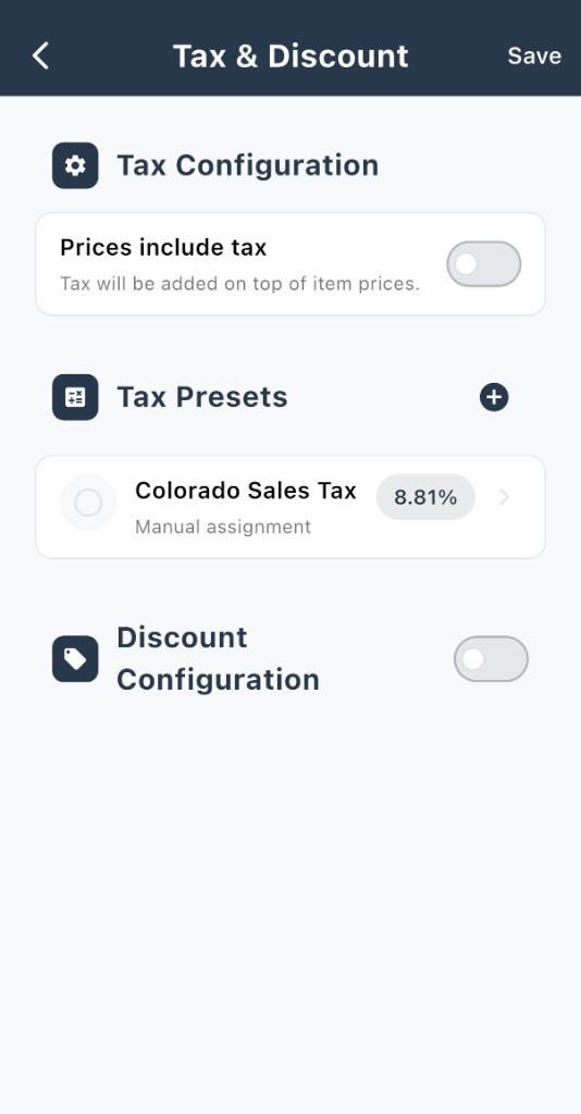 Tax and Discount settings with presets