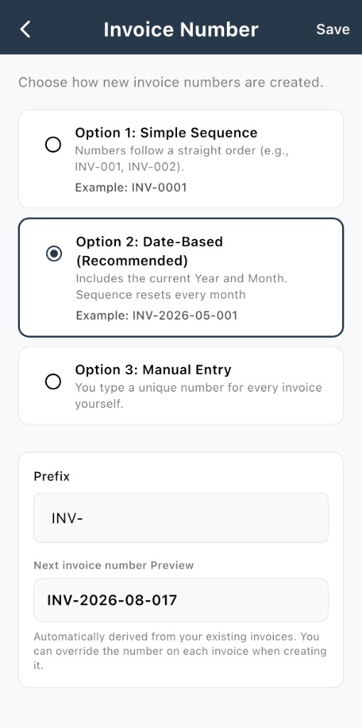 Invoice Number creation method and preview