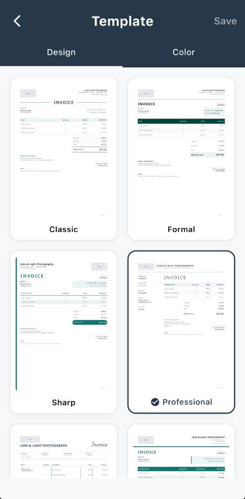 Template Design tab with Professional selected