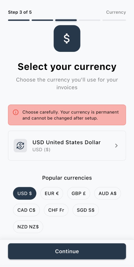 Select your currency during onboarding