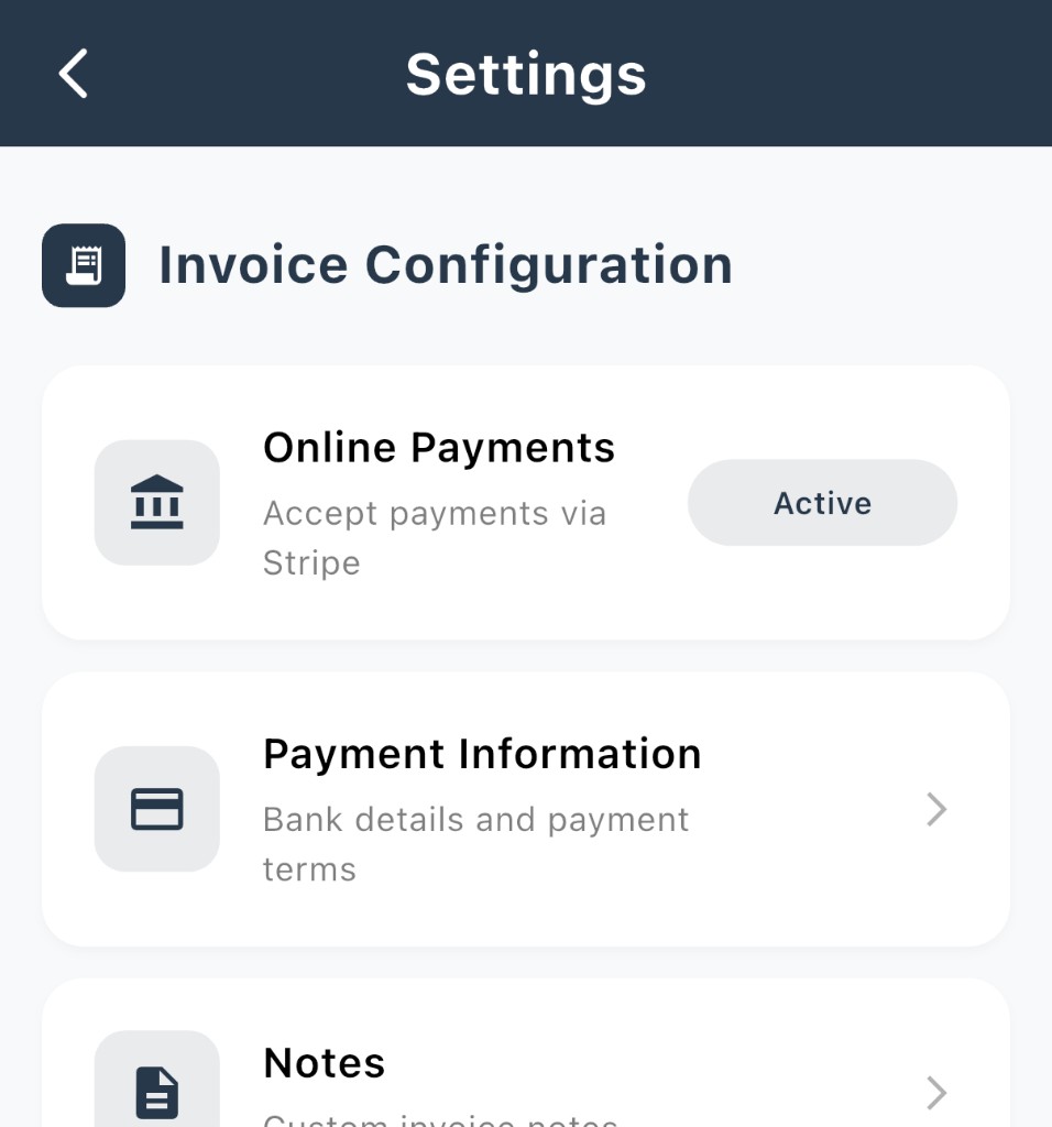 Settings with Invoice Configuration section