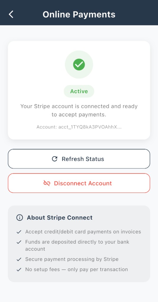 Online Payments Active with connected Stripe account