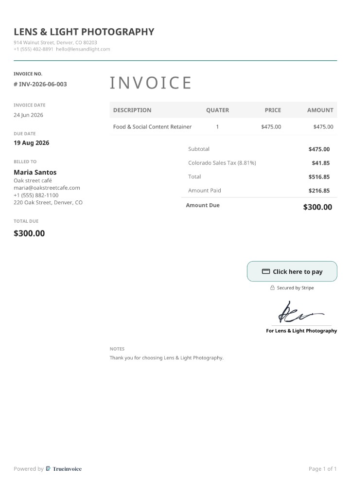 Invoice PDF with Click here to pay for the amount due
