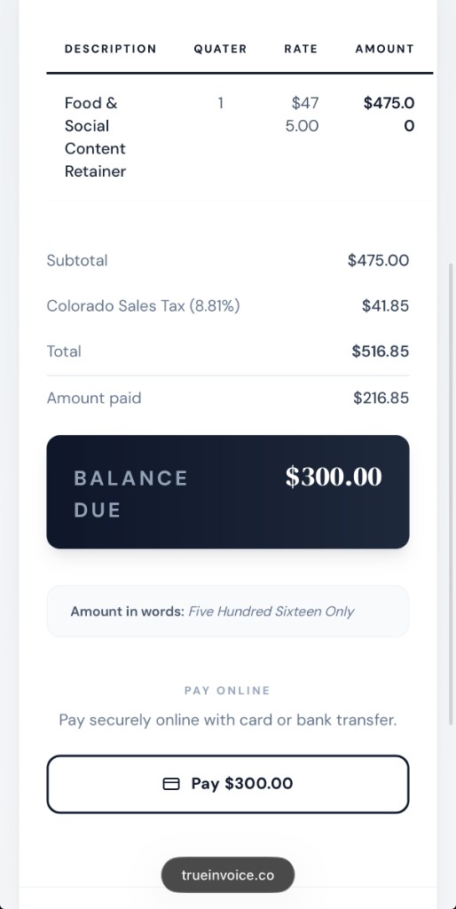 Shared web invoice with Pay for the amount due