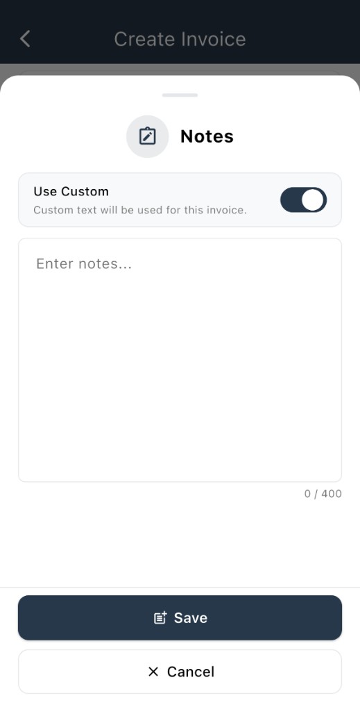 Notes sheet with Use Custom
