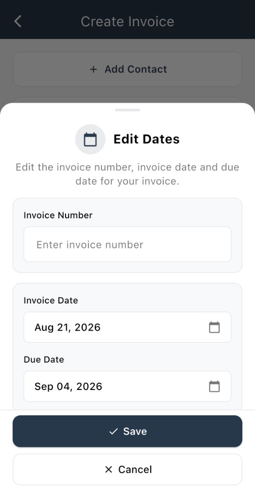 Edit Dates sheet for number date and due date