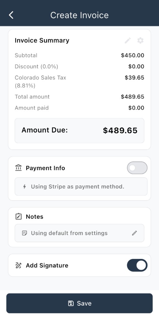Invoice summary payment info notes and signature