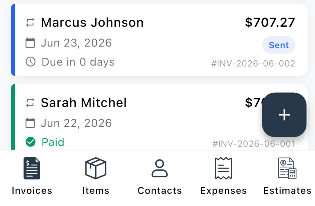 Invoices list with plus button to create