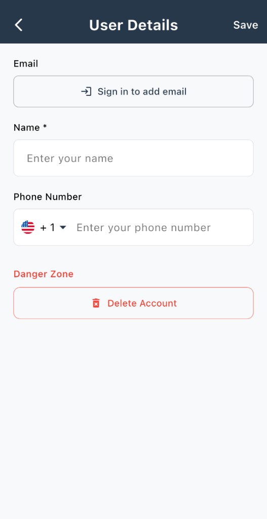 Delete account in app settings