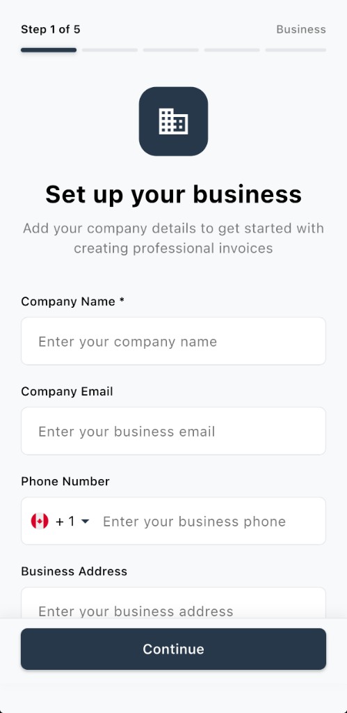 Set up your business — company name, email, phone, and address