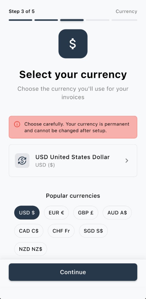 Select your currency — cannot be changed after setup