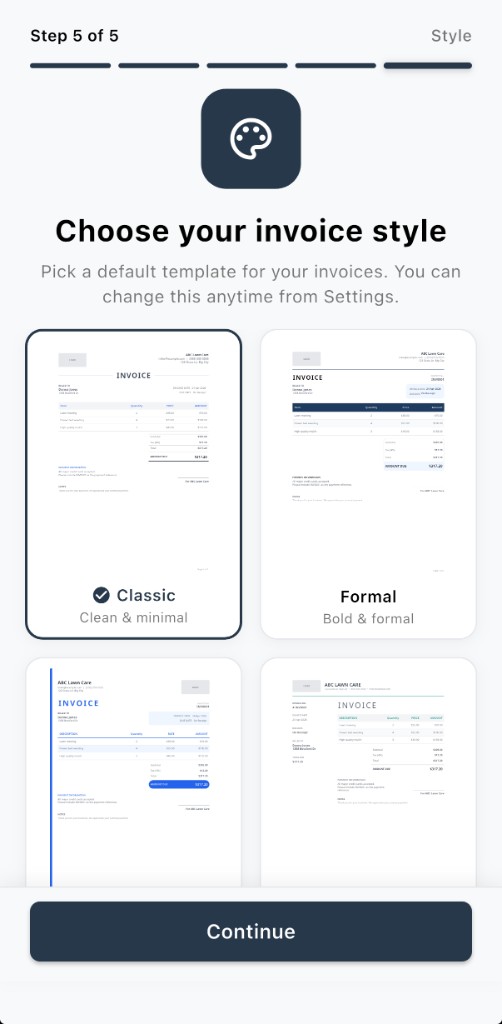 Choose your invoice style — default PDF template