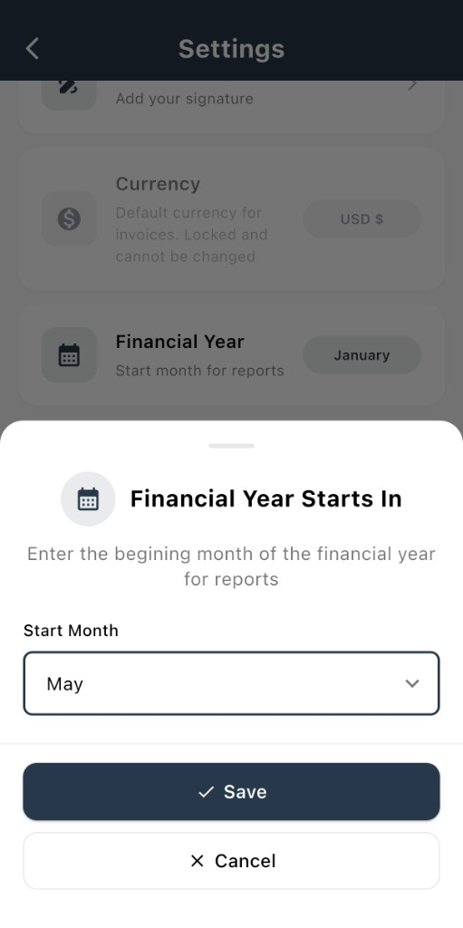 Financial Year Starts In sheet in Settings