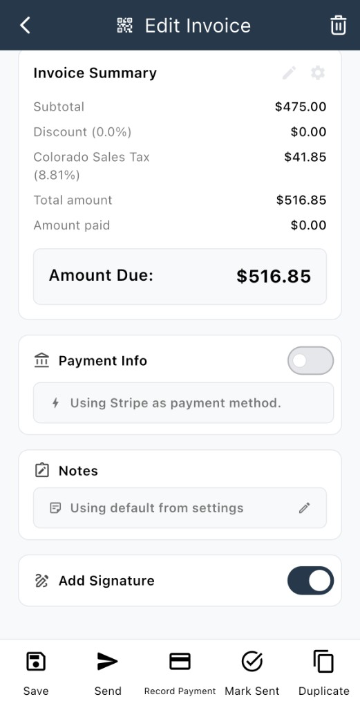 Edit Invoice bottom bar with Record Payment