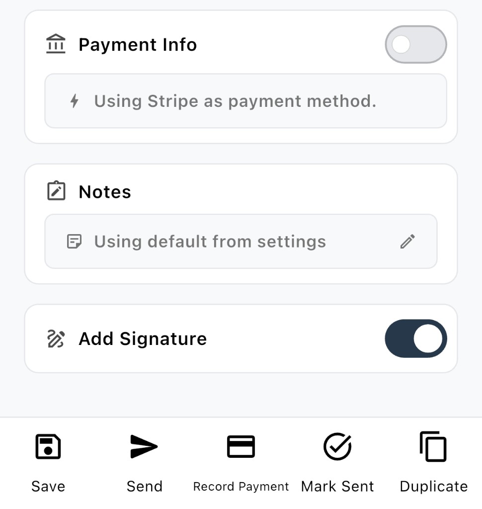 Edit Invoice bottom bar with Record Payment highlighted