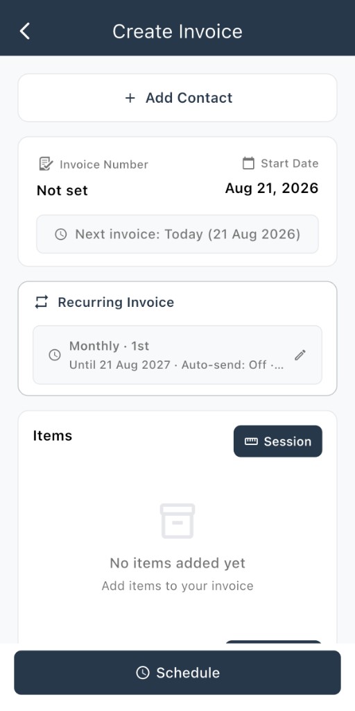 Create Invoice with Recurring Invoice schedule summary