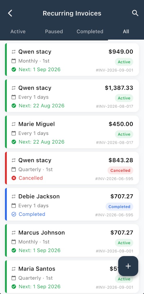 Recurring Invoices list with status filters