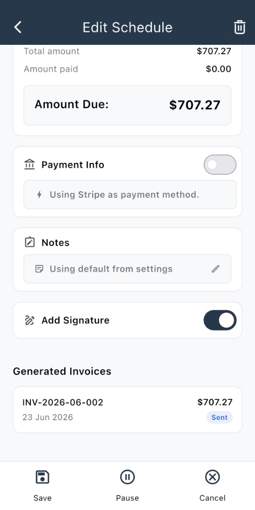 Edit Schedule — payment info, notes, signature, generated invoices
