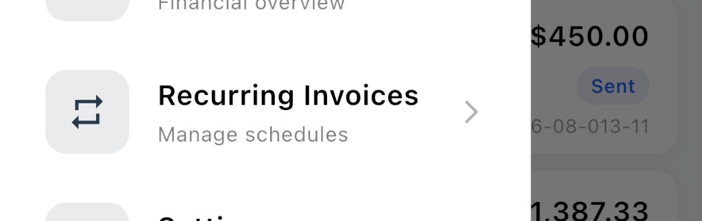 Side menu item for Recurring Invoices — Manage schedules