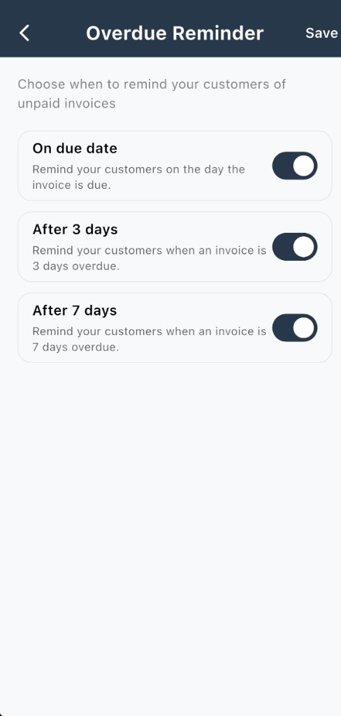 Overdue Reminder with On due date, After 3 days, and After 7 days