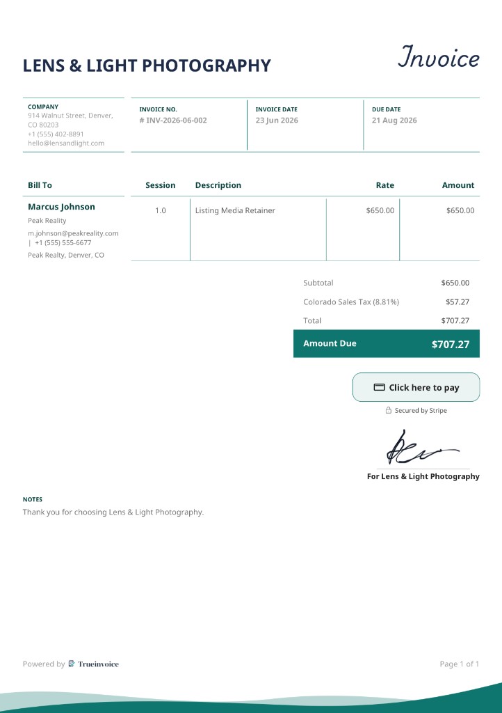 Branded invoice PDF with pay button