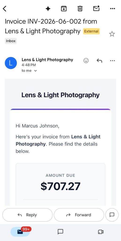 Invoice email received in Gmail
