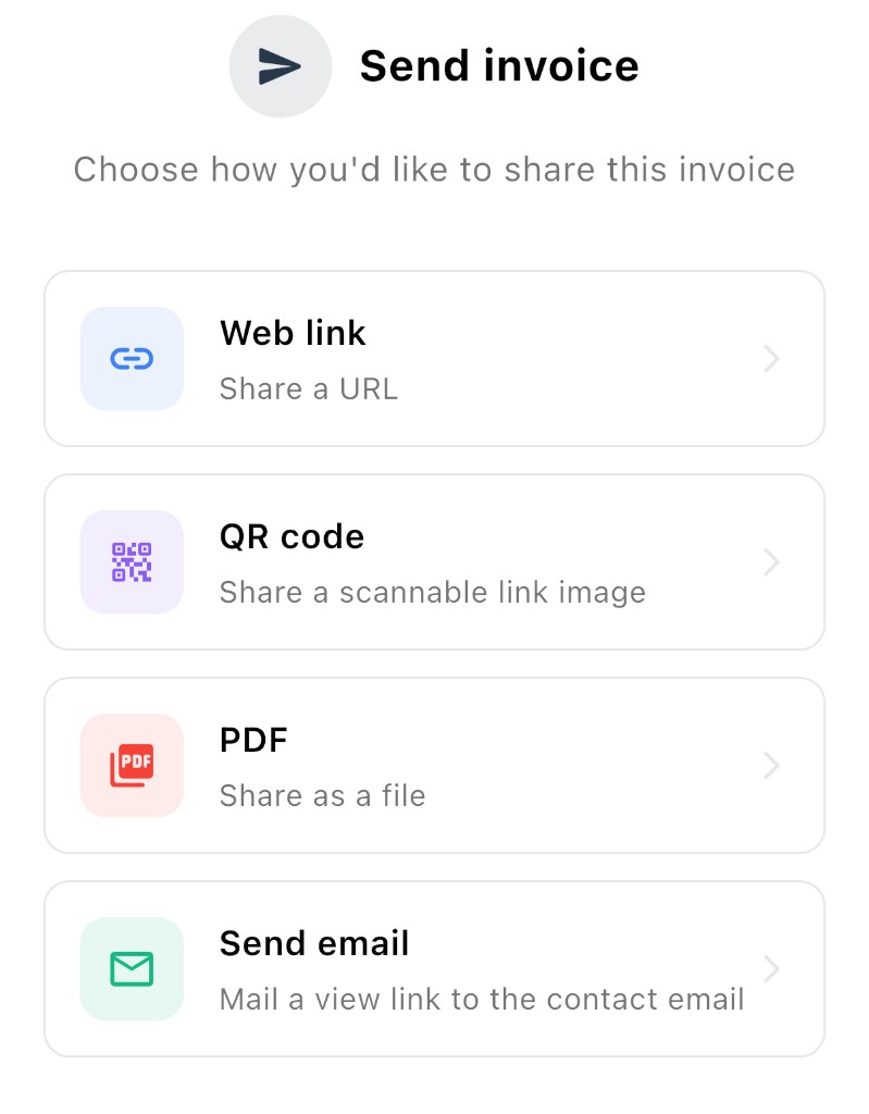 Send invoice options — web link, QR code, PDF, and email